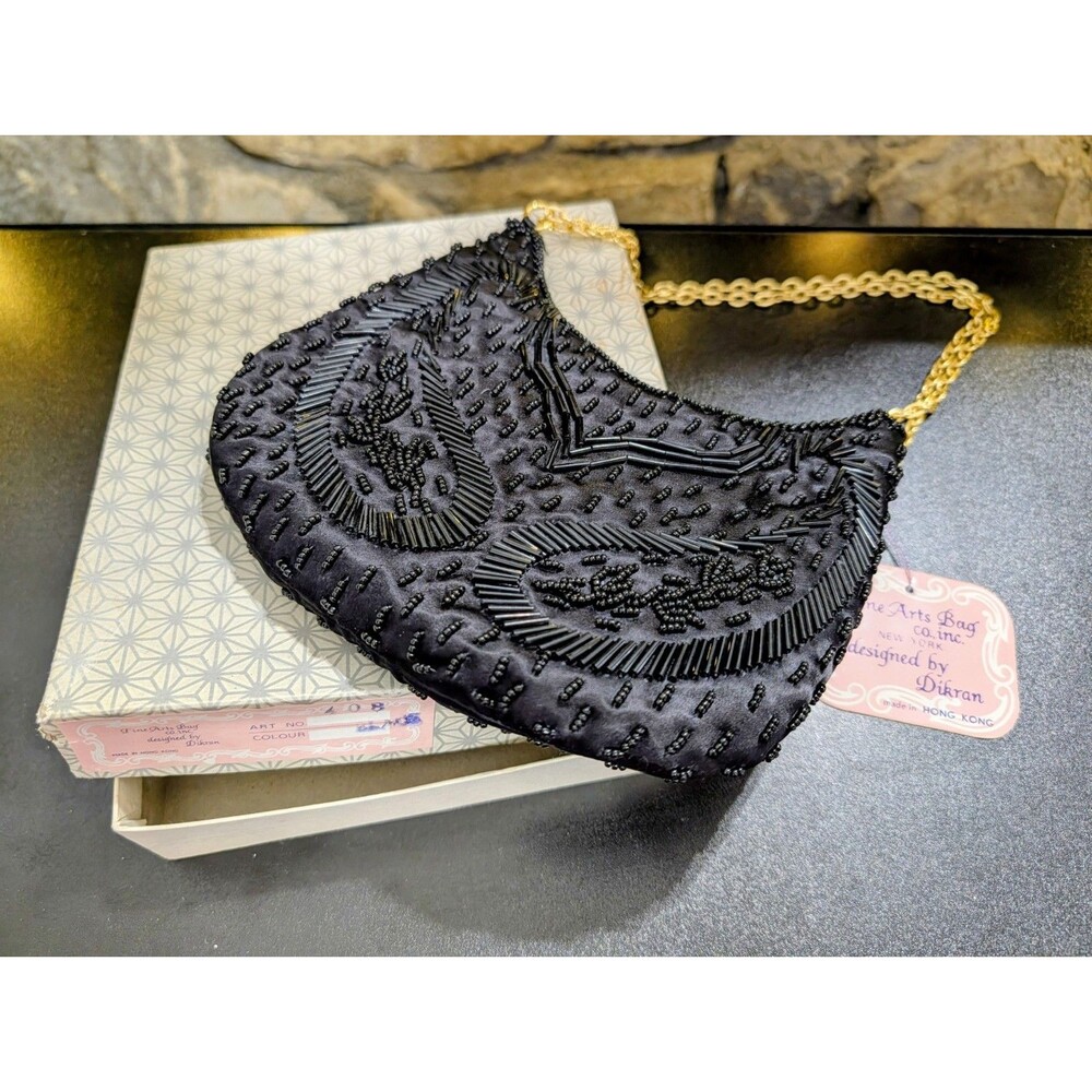 NOS MCM 1940s Vintage Black Beaded Evening Bag Party Clutch Purse Japan Kane-M